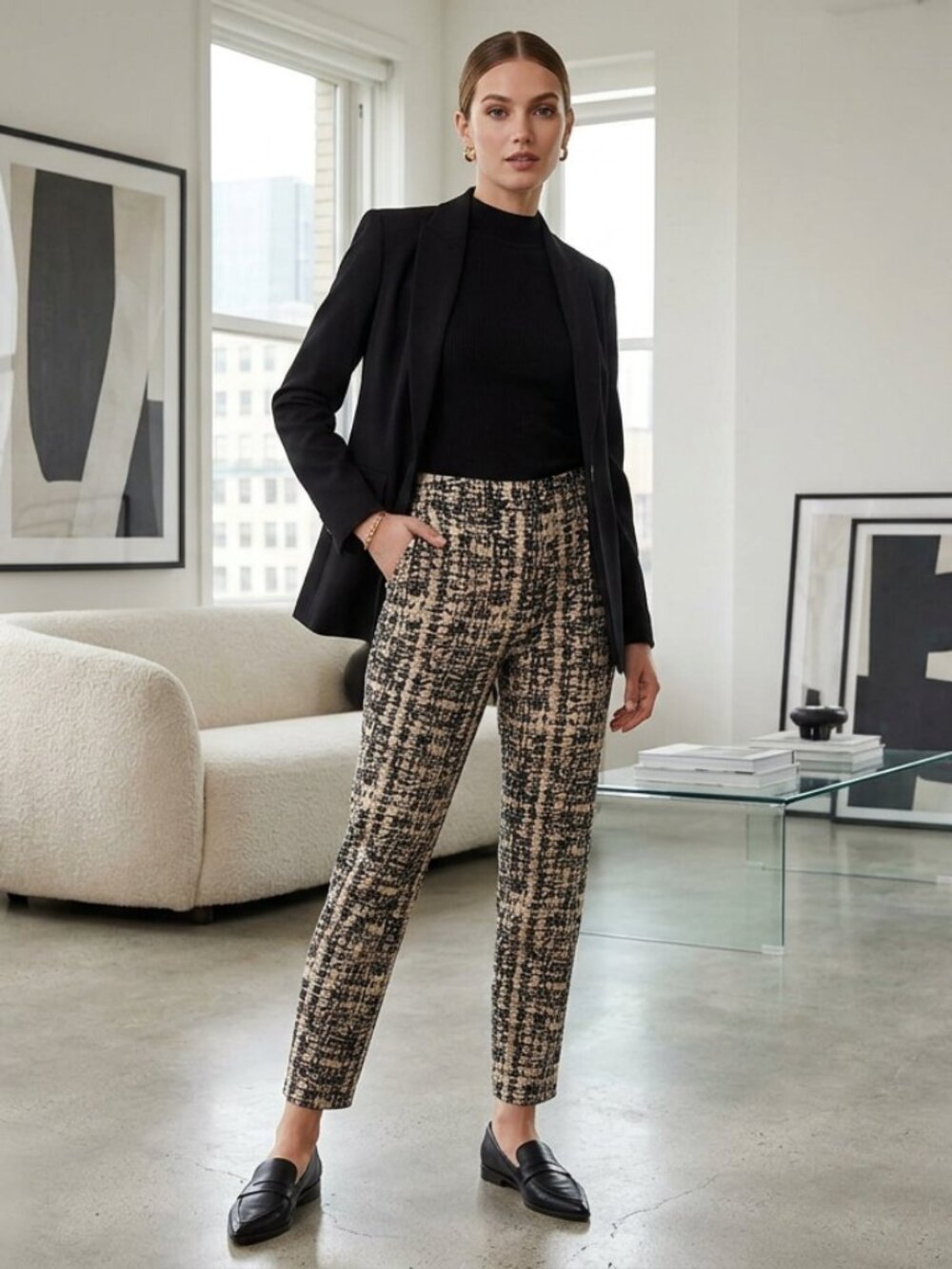 BCBGMaxAzria Black Cream Abstract Print Tapered Trouser Pants Size M